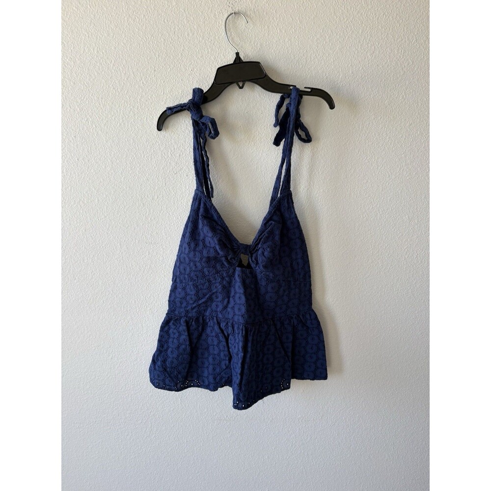 Sofia Jeans by Sofia Vergara Women’s Blue Crochet Eyelet Tie-Strap Peplum Tank L